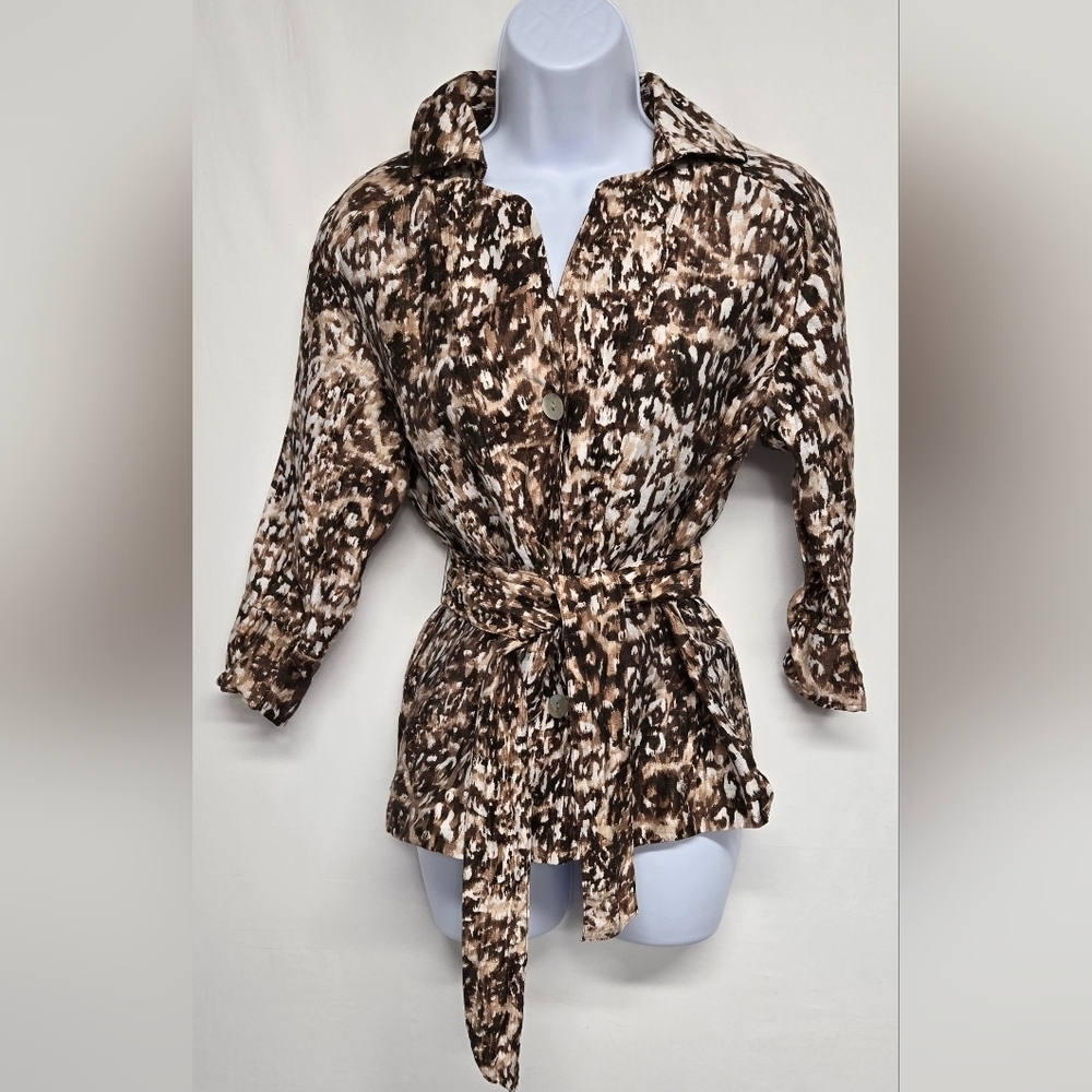 Kate Hill 6P Petite Linen Blend Collared Button Down Belted Animal Print